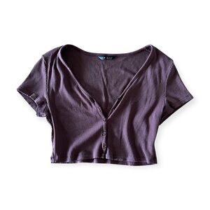 SHEIN Ribbed Button-Up Crop Top - Brown